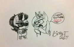 Size: 2792x1791 | Tagged: safe, artist:binkyt11, derpibooru exclusive, king sombra, princess cadance, alicorn, pony, unicorn, dialogue, duo, hilarious in hindsight, looking at each other, monochrome, quality, shutter shades, speech bubble, traditional art, vulgar
