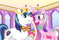 Size: 3112x2104 | Tagged: safe, artist:disneymarvel96, artist:magpie-pony, princess cadance, shining armor, alicorn, pony, unicorn, aladdin, bowtie, disney, disney princess, female, husband and wife, male, princess jasmine, shiningcadance, shipping, straight, throne room