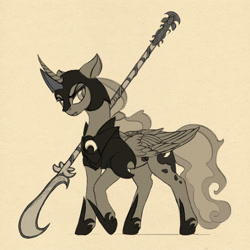 Size: 2019x2020 | Tagged: safe, artist:lunebat, princess luna, alicorn, pony, armor, female, halberd, mare, monochrome, weapon