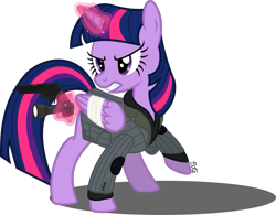 Size: 2135x1663 | Tagged: safe, artist:camo-pony, derpibooru import, twilight sparkle, twilight sparkle (alicorn), alicorn, pony, alan wake, clothes, crossover, female, flashlight (object), gun, magic, mare, revolver, simple background, solo, telekinesis, transparent background, weapon