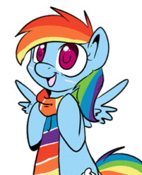 Size: 262x323 | Tagged: safe, artist:ianpo, artist:lustrous-dreams, rainbow dash, pegasus, pony, animated, clothes, cute, dashabetes, female, hnnng, mare, open mouth, scarf, simple background, smiling, weapons-grade cute, white background, winter outfit