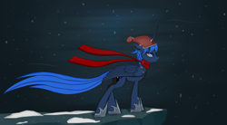 Size: 2000x1102 | Tagged: safe, artist:evil-spider, princess luna, alicorn, pony, clothes, night, scarf, snow, solo, wind