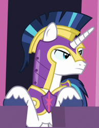 Size: 347x448 | Tagged: safe, screencap, shining armor, pony, unicorn, sparkle's seven, armor, cropped, helmet, male, solo, stallion