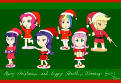 Size: 1500x1024 | Tagged: safe, artist:infinityr319, derpibooru import, applejack, fluttershy, pinkie pie, rainbow dash, rarity, twilight sparkle, human, christmas, humanized, mane six