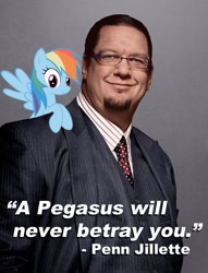 Size: 584x764 | Tagged: safe, rainbow dash, pegasus, pony, glasses, mouthpiece, necktie, penn and teller, penn jillette, quote, shoulder pony