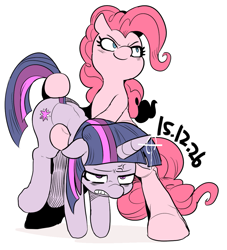 Size: 985x1084 | Tagged: safe, artist:nekubi, derpibooru import, pinkie pie, twilight sparkle, unicorn twilight, earth pony, pony, unicorn, a canterlot wedding, anatomically incorrect, angry, behaving like a weapon, bipedal, duo, female, mare, minigun, scene interpretation, simple background, smiling, smirk, twigun, unamused, white background