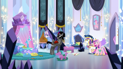 Size: 1280x720 | Tagged: safe, screencap, king sombra, princess cadance, princess flurry heart, shining armor, alicorn, pony, unicorn, the beginning of the end, crystal empire, dark magic, hostage, magic