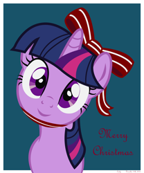 Size: 2500x3000 | Tagged: safe, artist:caely, derpibooru import, twilight sparkle, bow, christmas, hair bow, looking at you, present, solo, staring into your soul