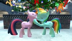 Size: 1360x768 | Tagged: safe, artist:mk513, derpibooru import, rainbow dash, twilight sparkle, twilight sparkle (alicorn), alicorn, pony, 3d, christmas, female, gmod, hearth's warming eve, kissing, lesbian, mistletoe, race swap, rainbowcorn, shipping, snow, twidash