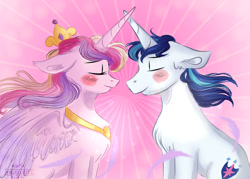 Size: 1280x915 | Tagged: safe, artist:compassrose0425, princess cadance, shining armor, alicorn, pony, unicorn, a canterlot wedding, blushing, chest fluff, eyes closed, female, horns are touching, male, mare, power of love, shiningcadance, shipping, smiling, stallion, straight