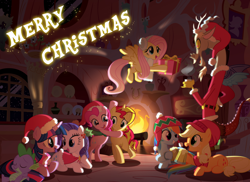 Size: 2628x1915 | Tagged: safe, artist:bgponi, artist:light262, artist:porygon2z, derpibooru import, edit, applejack, discord, fluttershy, pinkie pie, rainbow dash, rarity, spike, sunset shimmer, twilight sparkle, twilight sparkle (alicorn), alicorn, dragon, earth pony, pegasus, pony, unicorn, apple cider, christmas, clothes, fire, golden oaks library, hat, mane seven, mane six, present, santa costume, santa hat