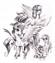 Size: 2100x2381 | Tagged: safe, artist:aspendragon, firefly, fluttershy, pound cake, rainbow dash, scootaloo, pegasus, pony, g1, grayscale, simple background