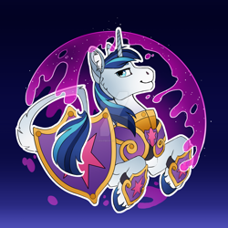 Size: 1280x1280 | Tagged: safe, artist:turnipberry, shining armor, pony, unicorn, armor, bust, colored hooves, deviantart watermark, force field, gradient background, leonine tail, looking at you, magic, obtrusive watermark, portrait, shield, simple background, smiling, solo, unshorn fetlocks, watermark