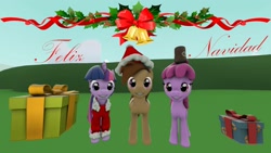 Size: 1920x1080 | Tagged: safe, derpibooru import, berry punch, berryshine, twilight sparkle, 3d, bottle, christmas, hat, santa hat