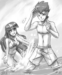 Size: 800x970 | Tagged: safe, artist:johnjoseco, derpibooru import, flash sentry, twilight sparkle, human, equestria girls, beach, belly button, bikini, black and white, blushing, clothes, cute, female, flashlight, grayscale, humanized, male, monochrome, nipples, open mouth, shipping, sketch, smiling, splash, splashing, straight, swimming trunks, swimsuit, topless, water, wink