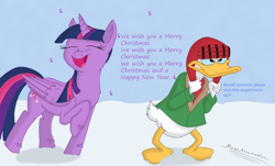 Size: 4225x2550 | Tagged: safe, artist:megaanimationfan, derpibooru import, twilight sparkle, twilight sparkle (alicorn), alicorn, pony, annoyed, clothes, crossover, disney, donald duck, female, grimace, it's a pony kind of christmas, mare, signature, singing, snow, we wish you a merry christmas