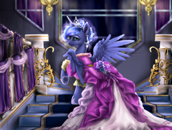 Size: 3300x2500 | Tagged: dead source, safe, artist:rossignolet, princess luna, alicorn, pony, beautiful, clothes, crown, dress, female, jewelry, looking back, mare, raised hoof, regalia, smiling, solo, stairs