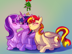 Size: 1004x765 | Tagged: safe, artist:candychameleon, derpibooru import, starlight glimmer, sunset shimmer, twilight sparkle, twilight sparkle (alicorn), alicorn, pony, alicornified, alicorns only, blushing, cute, female, glimmerbetes, kiss on the cheek, kiss sandwich, kissing, lesbian, mistletoe, ot3, polyamory, prone, race swap, shimmerbetes, shimmercorn, shimmerglimmer, shipping, starlicorn, sunsetsparkle, twiabetes, twishimmerglimmer, twistarlight, xk-class end-of-the-world scenario