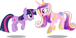 Size: 5996x3001 | Tagged: safe, artist:cloudyglow, princess cadance, twilight sparkle, unicorn twilight, alicorn, pony, unicorn, games ponies play, .ai available, absurd resolution, crown, cute, cutedance, duo, duo female, female, ladybugs-awake, looking at each other, regalia, simple background, smiling, sunshine sunshine, transparent background, vector