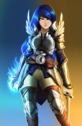 Size: 655x1000 | Tagged: safe, artist:xxmarkingxx, princess luna, human, armor, badass, breasts, female, humanized, magic, pirate, solo, sword, warrior luna, weapon