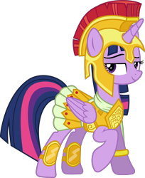 Size: 4790x5880 | Tagged: safe, artist:90sigma, derpibooru import, twilight sparkle, twilight sparkle (alicorn), alicorn, pony, scare master, .svg available, absurd resolution, armor, armor skirt, athena sparkle, bedroom eyes, clothes, female, looking at you, mare, raised hoof, simple background, skirt, smiling, solo, transparent background, vector