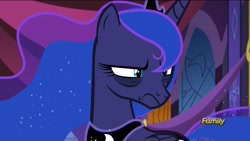 Size: 1366x768 | Tagged: safe, screencap, princess luna, alicorn, pony, a royal problem, angry, bags under eyes, discovery family logo, exhausted, faic, glare, grumpy, scowl, solo, tired