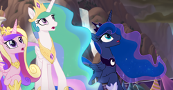 Size: 900x467 | Tagged: safe, screencap, princess cadance, princess celestia, princess luna, alicorn, pony, my little pony: the movie, canterlot, female, folded wings, mare, open mouth, raised hoof