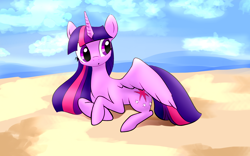 Size: 3840x2400 | Tagged: safe, artist:mrfremen, derpibooru import, twilight sparkle, twilight sparkle (alicorn), alicorn, pony, beach, colored, cute, digital art, female, high res, horn, outdoors, prone, solo, summer, twiabetes, wings