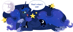 Size: 700x310 | Tagged: safe, artist:silentazrael, princess luna, alicorn, pony, dialogue, jewelry, looking at you, mare in the moon, moon, prone, regalia, smiling, solo