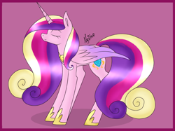 Size: 766x574 | Tagged: safe, artist:nyokoart, princess cadance, alicorn, pony, colored wings, eyes closed, female, mare, multicolored wings, pink background, simple background, solo