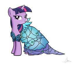 Size: 2524x2240 | Tagged: safe, artist:oinktweetstudios, derpibooru import, twilight sparkle, twilight sparkle (alicorn), alicorn, pony, canterlot boutique, bedroom eyes, clothes, dress, female, looking at you, mare, princess dress, see-through, simple background, solo