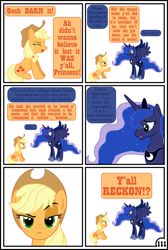 Size: 3254x4837 | Tagged: safe, artist:gutovi, applejack, princess luna, alicorn, earth pony, pony, comic:why me!?, awkward, comic, dialogue, dream, duo, embarrassed, female, mare, simple background, unconvinced applejack, white background