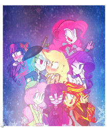 Size: 1600x1900 | Tagged: safe, artist:twilytrinky, derpibooru import, applejack, fluttershy, pinkie pie, rainbow dash, rarity, sci-twi, sunset shimmer, twilight sparkle, twilight sparkle (alicorn), alicorn, equestria girls, appledash, blood, blushing, clothes, female, humane seven, lesbian, mane six, mistleholly, nosebleed, shipping, twolight