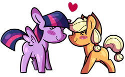 Size: 1280x781 | Tagged: safe, artist:korgikardigan, artist:twijack-doodles, derpibooru import, applejack, twilight sparkle, twilight sparkle (alicorn), alicorn, earth pony, pony, blushing, boop, female, heart, lesbian, mare, noseboop, shipping, size difference, twijack, twijack-doodles