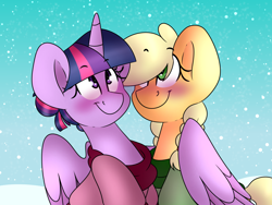 Size: 1280x960 | Tagged: safe, artist:korgikardigan, artist:twijack-doodles, derpibooru import, applejack, twilight sparkle, twilight sparkle (alicorn), alicorn, earth pony, pony, alternate hairstyle, blushing, clothes, cute, female, hug, imminent kissing, jackabetes, lesbian, mare, shipping, snow, snowfall, sweater, twiabetes, twijack, twijack-doodles, winghug, winter