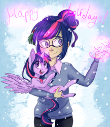 Size: 2000x2300 | Tagged: safe, artist:silbersternenlicht, derpibooru import, sci-twi, twilight sparkle, twilight sparkle (alicorn), alicorn, human, pony, glasses, happy holidays, holding a pony, human coloration, human ponidox, humanized, magic, snow, twolight