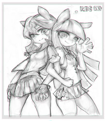 Size: 1313x1500 | Tagged: safe, artist:girlsay, derpibooru import, sunset shimmer, twilight sparkle, equestria girls, belly button, clothes, fingerless gloves, gloves, grayscale, jacket, linked arms, midriff, miniskirt, monochrome, pleated skirt, pony ears, recording, short skirt, skirt, waving