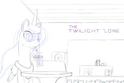 Size: 1125x750 | Tagged: safe, artist:stillwaterspony, princess luna, alicorn, pony, atg 2017, cup, drink, drinking, female, lineart, mare, newbie artist training grounds, nightclub, partial color, rough, sketch, spread wings, wings