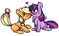 Size: 1280x780 | Tagged: safe, artist:korgikardigan, artist:twijack-doodles, derpibooru import, applejack, twilight sparkle, twilight sparkle (alicorn), alicorn, earth pony, pony, blushing, cute, female, heart, jackabetes, kissing, lesbian, mare, shipping, spread wings, twiabetes, twijack, twijack-doodles, wingboner