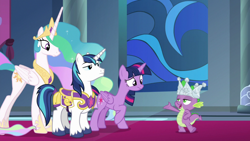 Size: 1920x1080 | Tagged: safe, screencap, princess celestia, shining armor, spike, twilight sparkle, twilight sparkle (alicorn), alicorn, dragon, pony, unicorn, sparkle's seven, crown, hard-won helm of the sibling supreme