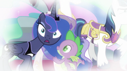 Size: 1920x1080 | Tagged: safe, screencap, princess celestia, princess luna, shining armor, spike, alicorn, dragon, pony, unicorn, sparkle's seven, dream sequence, winged spike