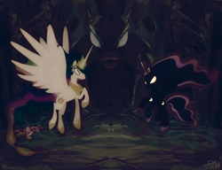 Size: 1024x786 | Tagged: safe, artist:wisdomvision f., princess cadance, princess celestia, princess luna, twilight sparkle, alicorn, changeling, pony, cover art, hive, lcac, love changes a changeling, story, story art