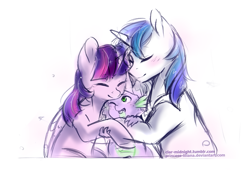 Size: 1051x736 | Tagged: safe, artist:princess-liliana, shining armor, spike, twilight sparkle, twilight sparkle (alicorn), alicorn, dragon, pony, unicorn, sparkle's seven, blushing, crown, cute, eyes closed, family hug, female, group hug, hard-won helm of the sibling supreme, hug, jewelry, male, mare, regalia, scene interpretation, shining adorable, simple background, sparkle family, spikabetes, spikelove, stallion, trio, twiabetes, white background