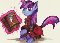 Size: 1024x745 | Tagged: safe, artist:jamescorck, derpibooru import, twilight sparkle, book, brotherhood of steel, clothes, fallout, glowing horn, looking at you, scribe, solo