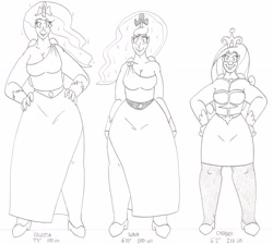 Size: 2834x2544 | Tagged: safe, artist:catstuxedo, princess cadance, princess celestia, princess luna, human, horned humanization, humanized, line-up, monochrome, size chart, size comparison, winged humanization, wings