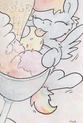 Size: 405x596 | Tagged: safe, artist:slightlyshade, rainbow dash, pegasus, pony, chibi, cute, ice cream, licking, solo, sprinkles, sundae, traditional art