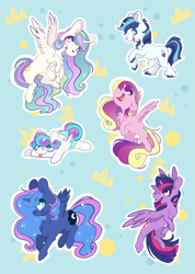 Size: 1795x2528 | Tagged: safe, artist:cutepencilcase, princess cadance, princess celestia, princess flurry heart, princess luna, shining armor, twilight sparkle, twilight sparkle (alicorn), alicorn, pony, unicorn, alicorn pentarchy, chest fluff, colored, cute, flurrybetes, missing accessory, prone, smiling, sploot, tongue out, unshorn fetlocks