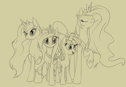 Size: 1793x1240 | Tagged: safe, artist:zetamad, derpy hooves, princess cadance, princess celestia, princess luna, alicorn, pegasus, pony, alicorn triarchy, fake horn