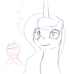 Size: 668x714 | Tagged: safe, artist:stillwaterspony, princess cadance, princess luna, alicorn, pony, atg 2017, daydream, floating heart, grin, heart, newbie artist training grounds, sketch, smiling