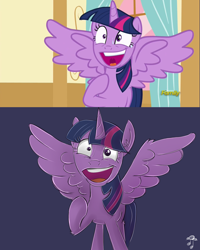 Size: 1024x1278 | Tagged: safe, artist:replacer808, derpibooru import, twilight sparkle, twilight sparkle (alicorn), alicorn, pony, party pooped, :d, female, grin, mare, raised hoof, scene interpretation, solo, spread wings, sweat, twilight snapple